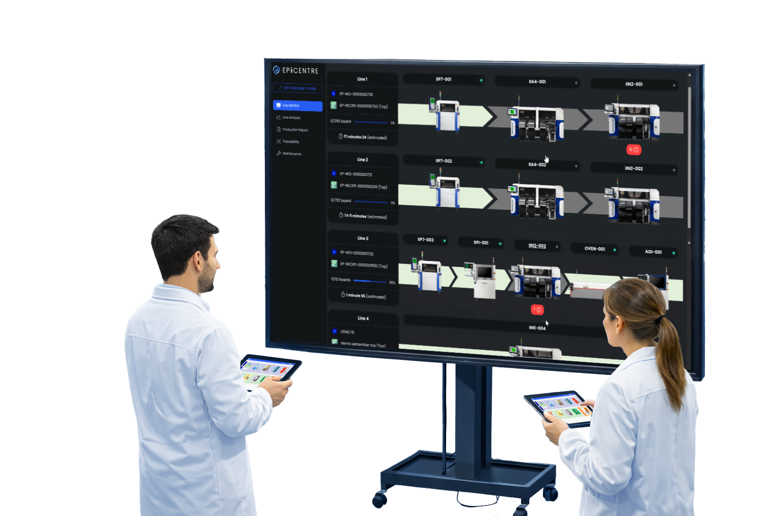 EPiiCENTRE large screen with two staff and tablets